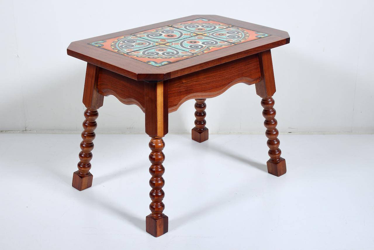 Catalina Style Spanish Turquoise & Orange Tile, Oak & Walnut End Table, C. 1920s For Sale 10