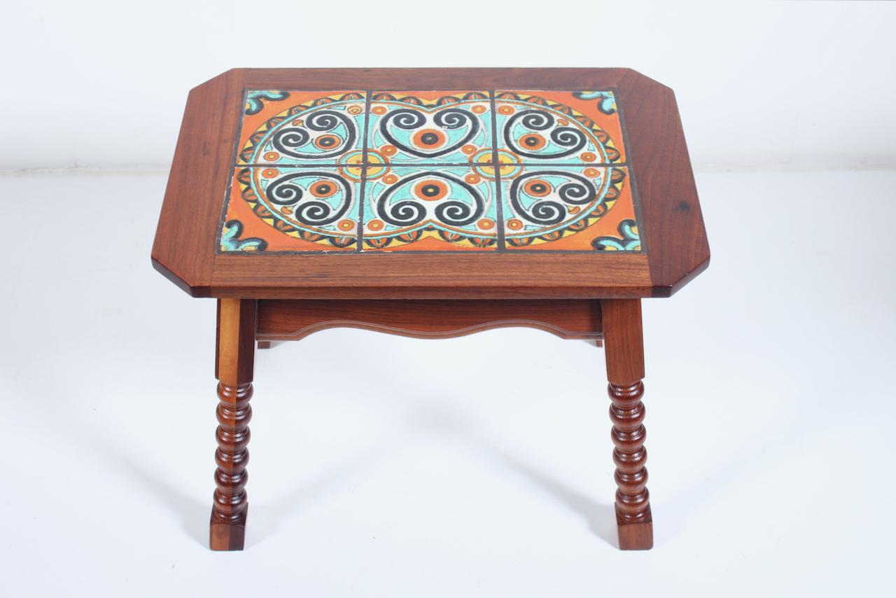 Arts and Crafts Catalina Style Spanish Turquoise & Orange Tile, Oak & Walnut End Table, C. 1920s For Sale