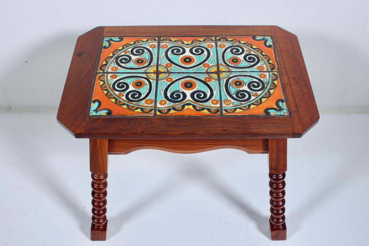 American Catalina Style Spanish Turquoise & Orange Tile, Oak & Walnut End Table, C. 1920s For Sale