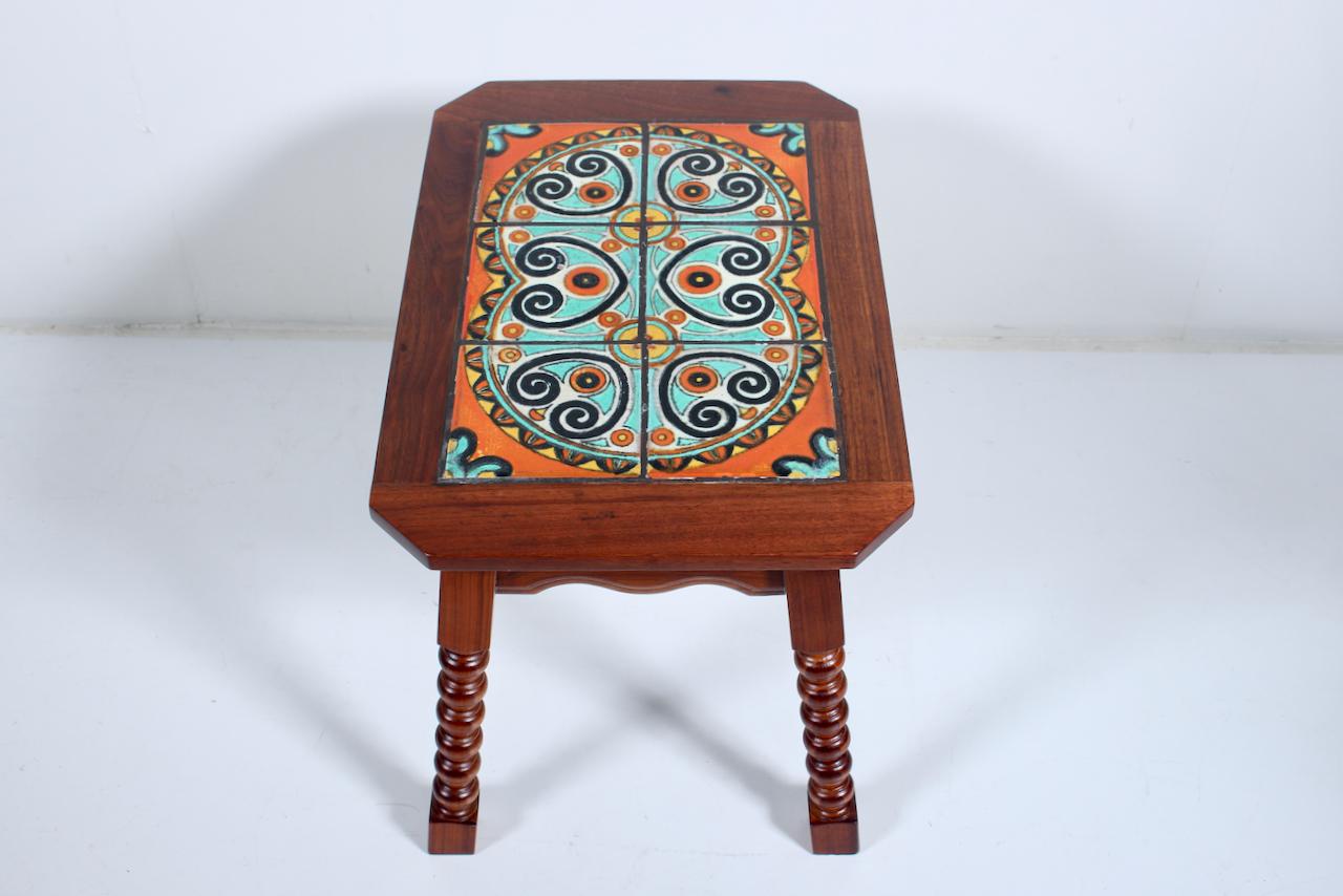 Catalina Style Spanish Turquoise & Orange Tile, Oak & Walnut End Table, C. 1920s In Good Condition For Sale In Bainbridge, NY