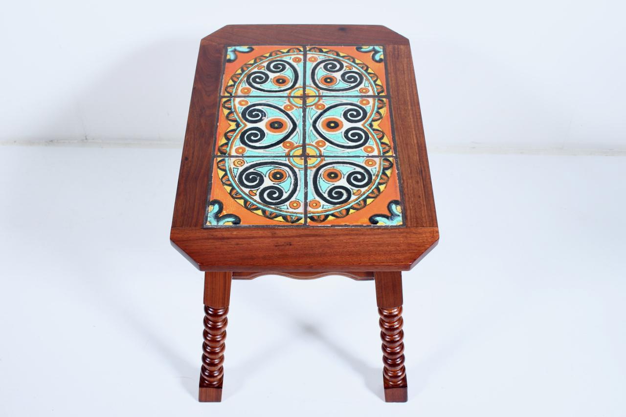 20th Century Catalina Style Spanish Turquoise & Orange Tile, Oak & Walnut End Table, C. 1920s For Sale