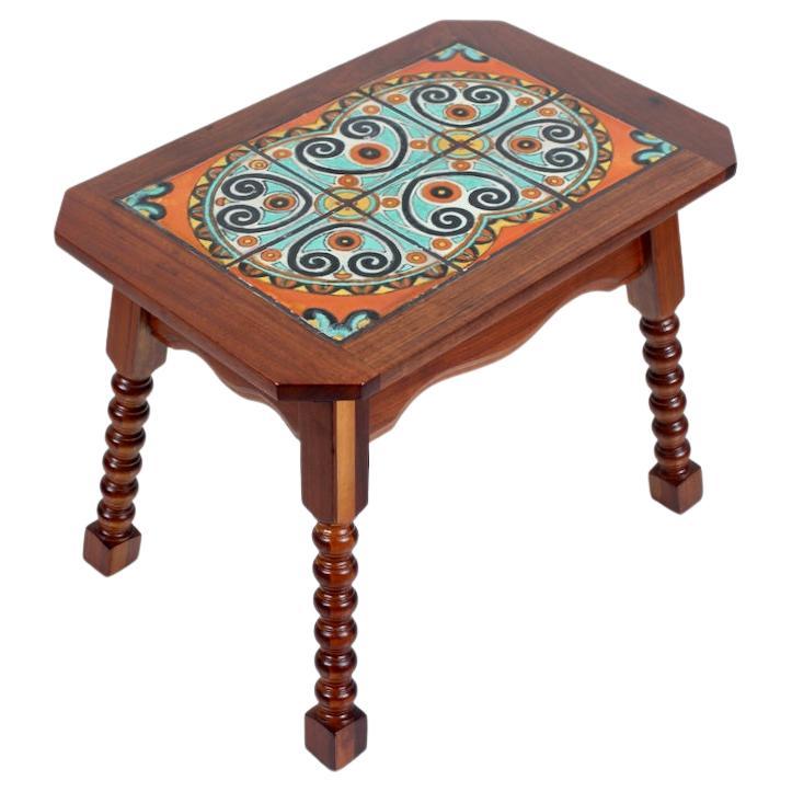 Catalina Style Spanish Turquoise & Orange Tile, Oak & Walnut End Table, C. 1920s For Sale