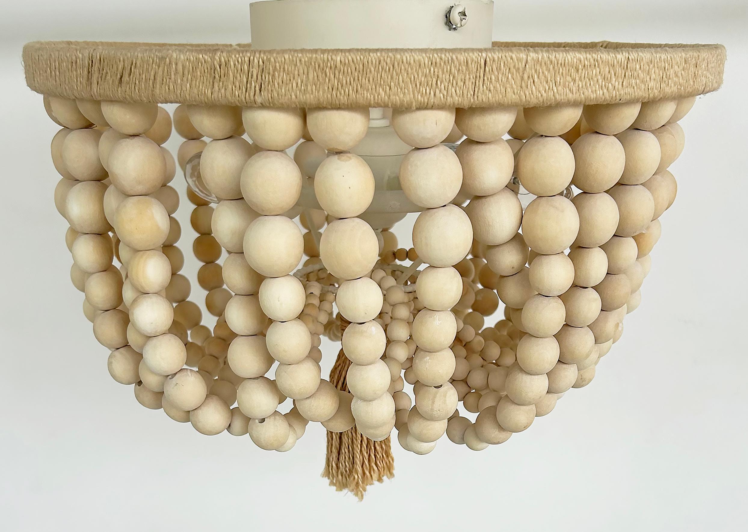 Organico moderno Catalonia Embroideries Wood Beads, Sisal Flush Mount Light Fixture in vendita