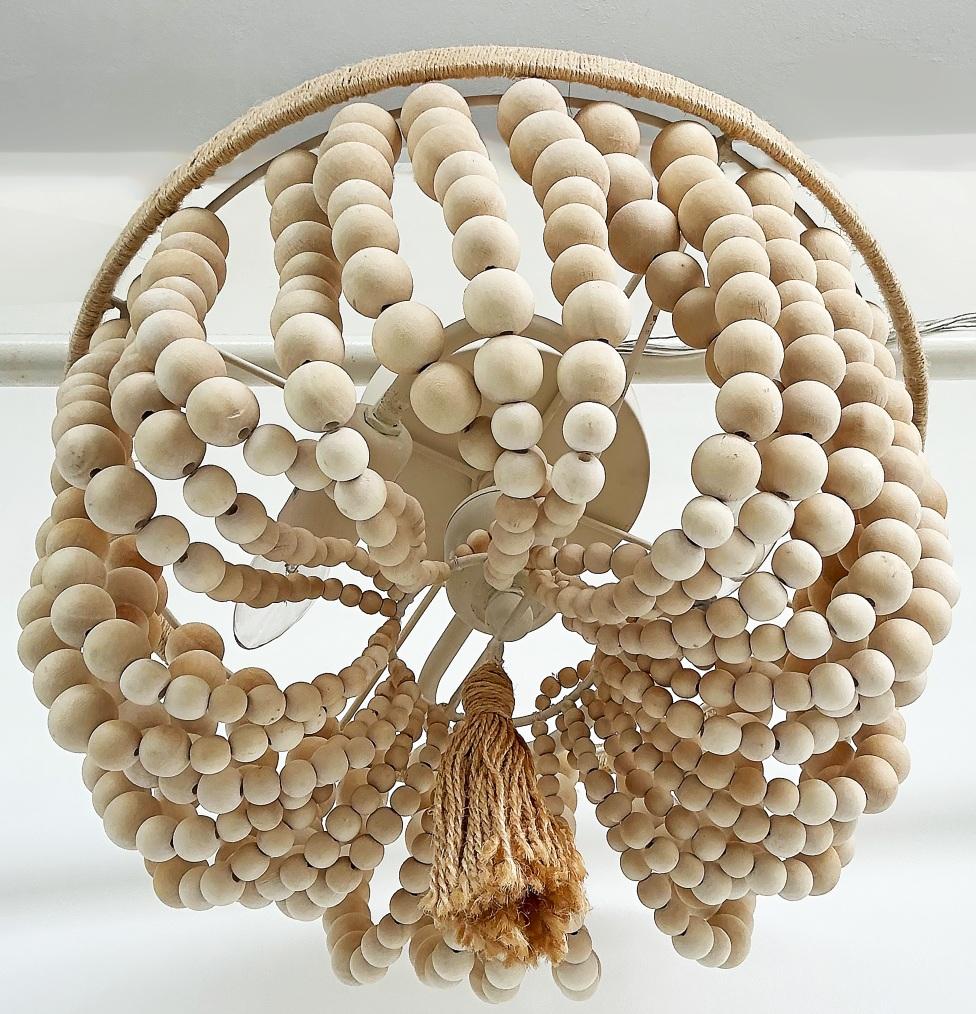 Metallo Catalonia Embroideries Wood Beads, Sisal Flush Mount Light Fixture in vendita