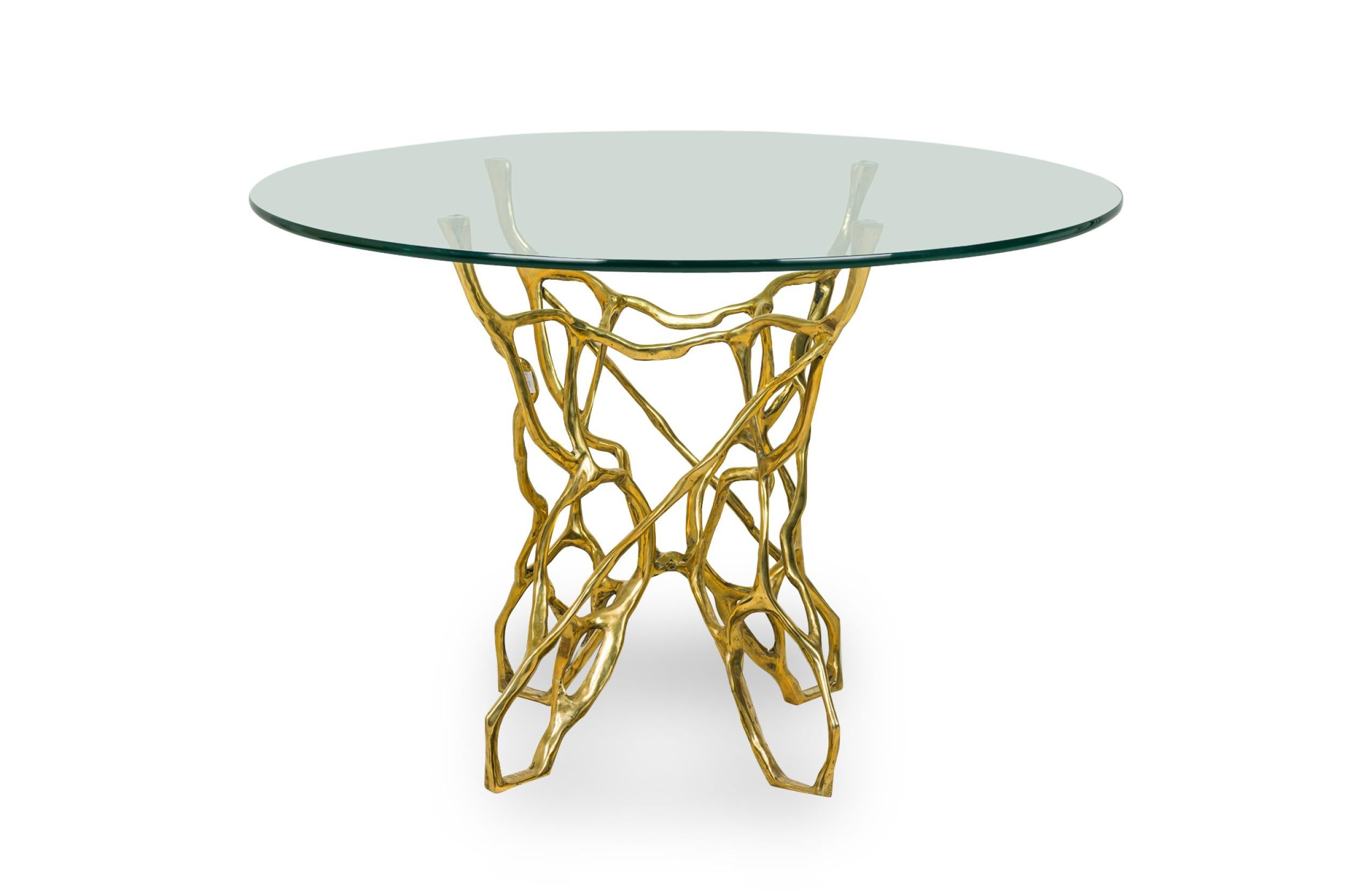 Table de salle à manger biomorphique en bronze de style américain Catarina avec plateau en verre circulaire Bon état - En vente à Queens, NY