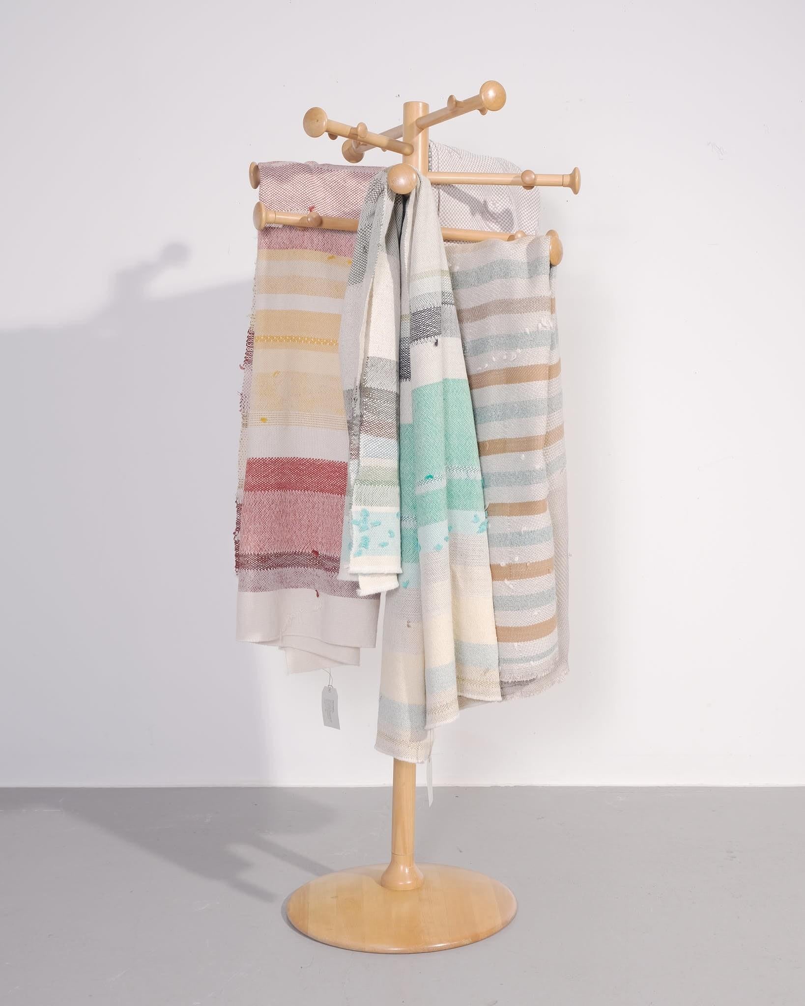 Wool Catarina Riccabona, Handwoven Linen Throw 'Stripes Pale Green & Rust' For Sale