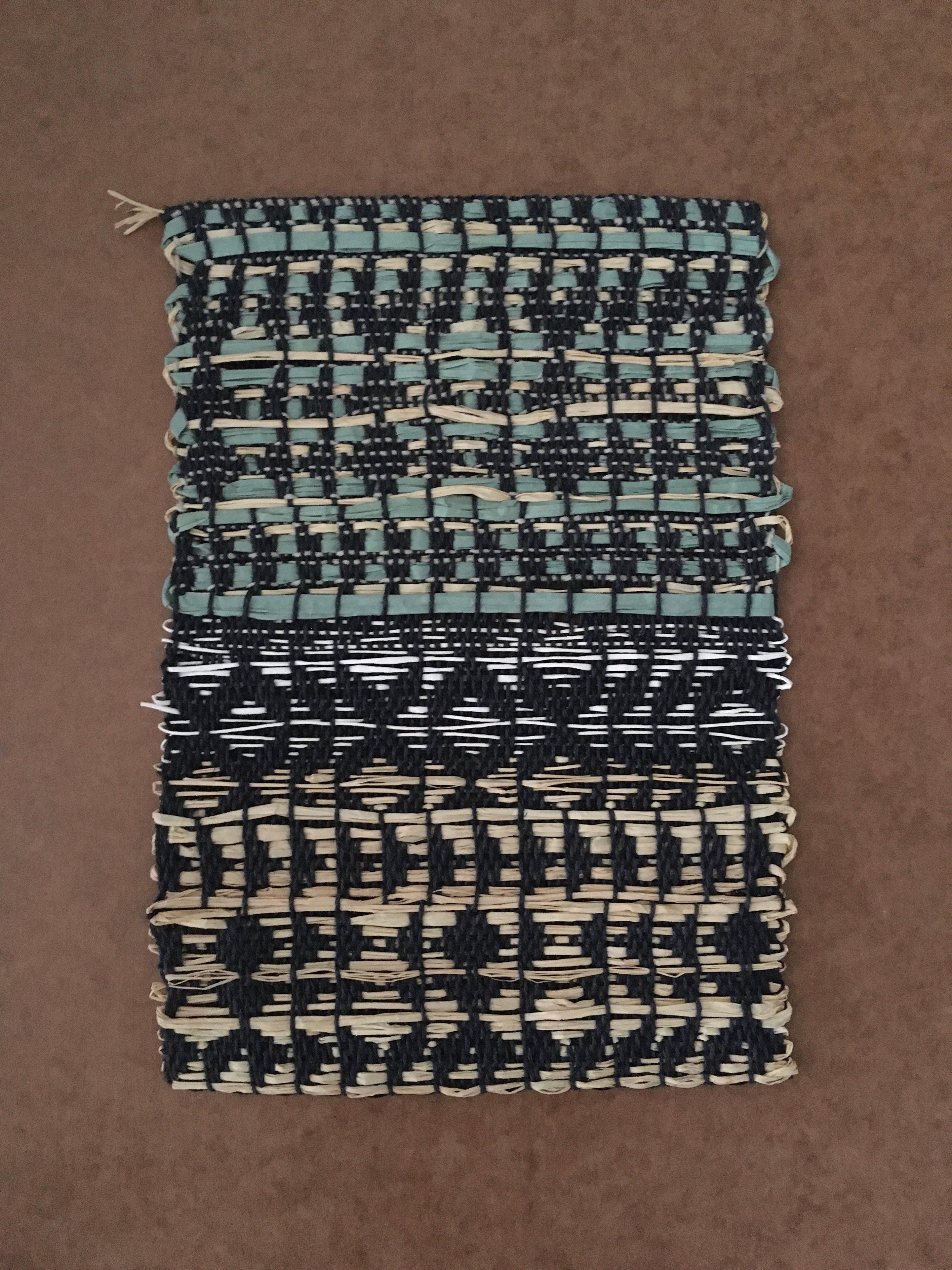 Charcoal linen warp, various paper yarns (mint green, white) and natural raffia in weft
H35 x W26.5 cm (framed dimensions)
