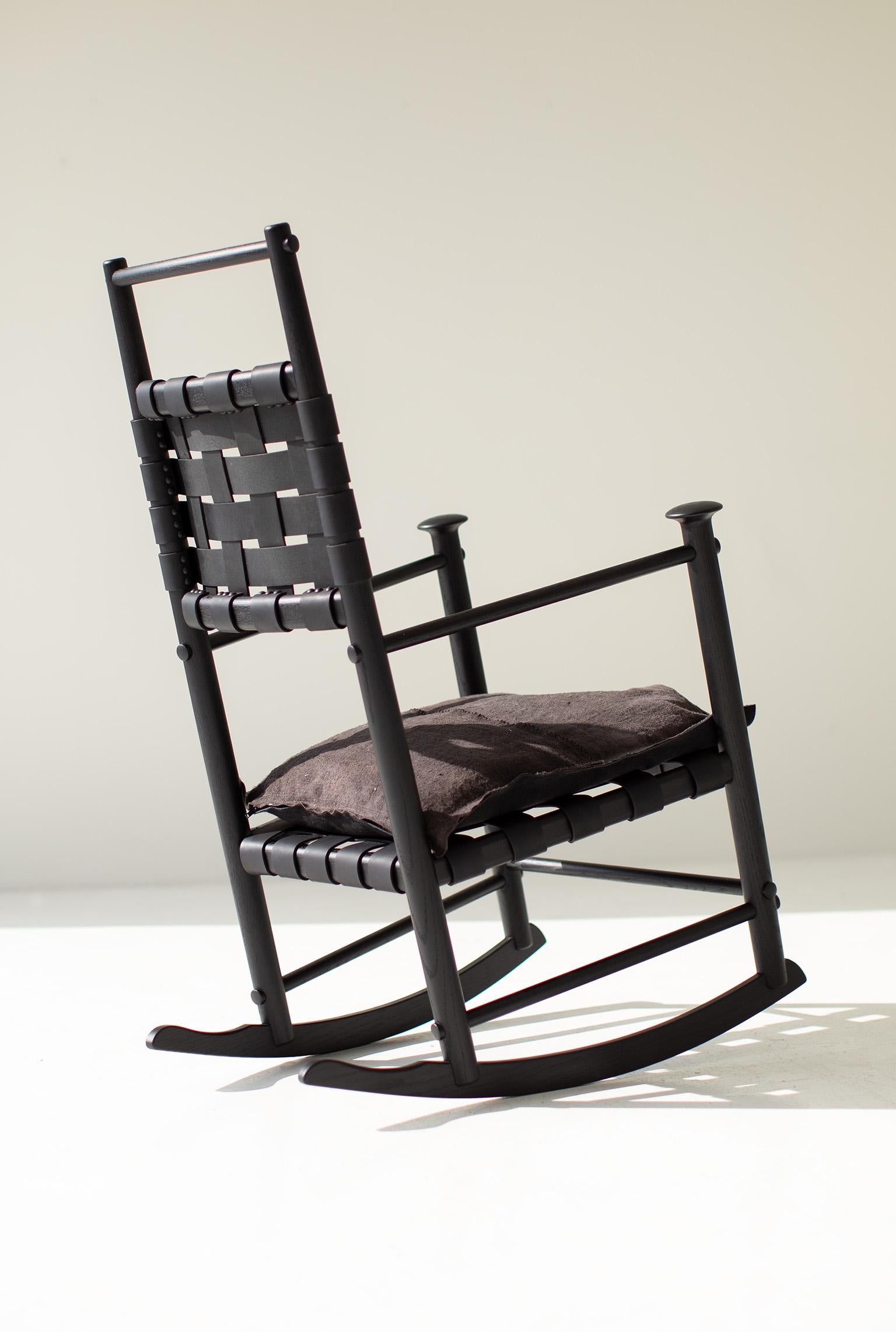 American CraftAssociates Chair, Cawtaba Modern Rocking Chair, Black, Sling, Leather For Sale