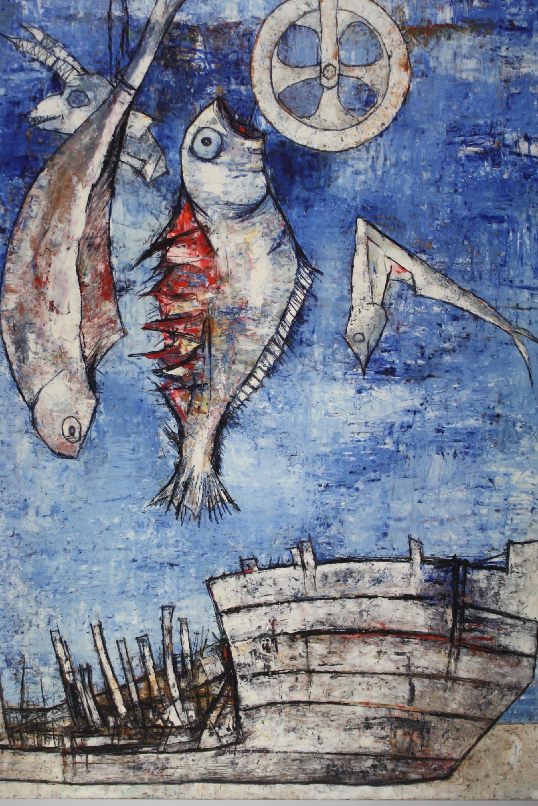 Modern Catch of the Day Blue Vision of a Destroyed Ship on the Sand with Fishes Hanging For Sale