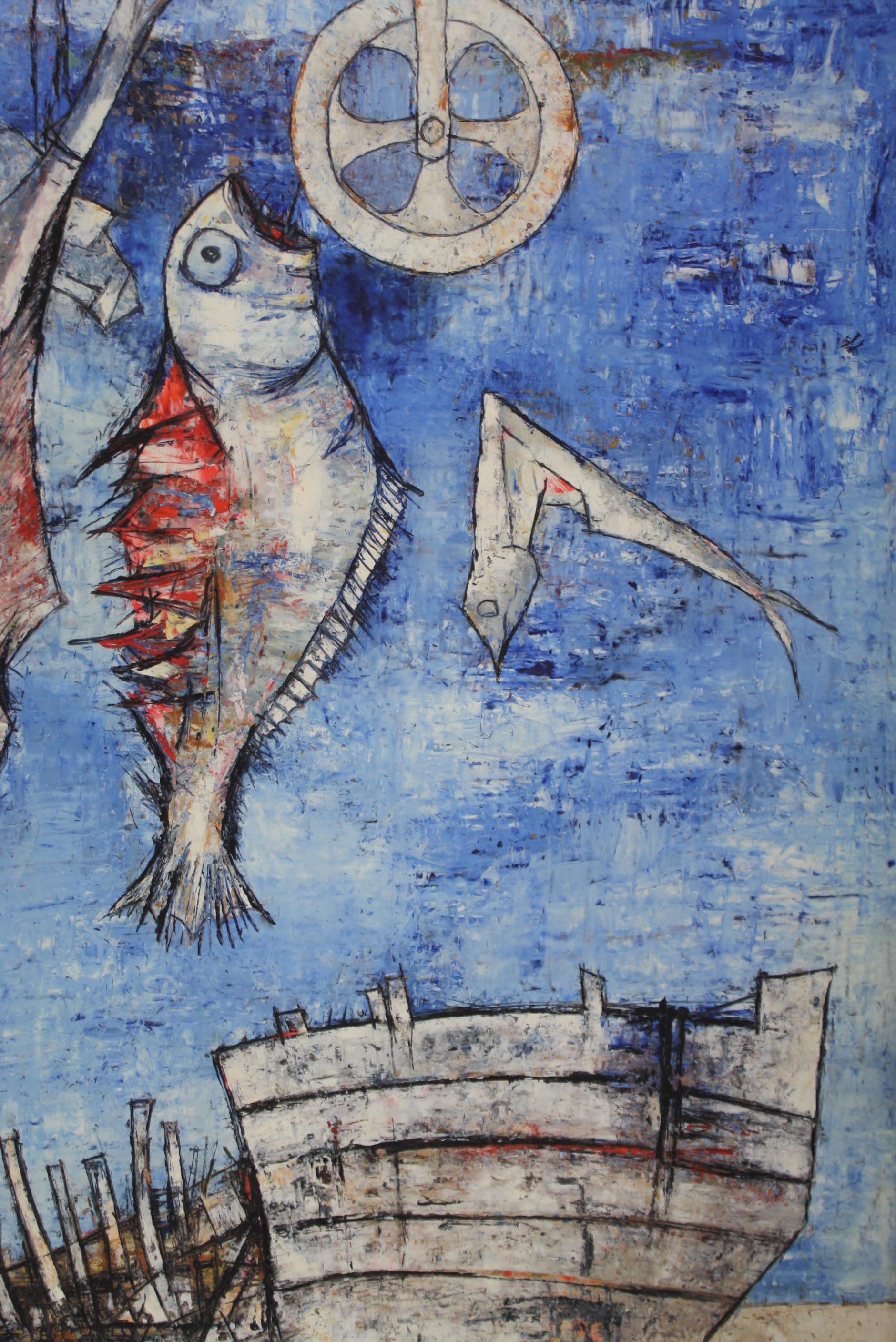 French Catch of the Day Blue Vision of a Destroyed Ship on the Sand with Fishes Hanging For Sale