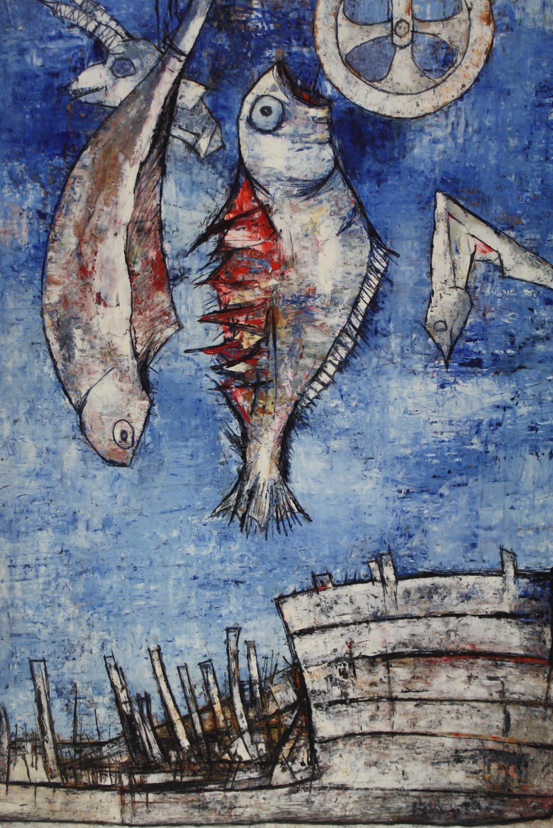 Blaue Vision des Tages-Gesicht eines zerstörten Schiffes auf dem Sand mit hängenden Fischen (20. Jahrhundert) im Angebot