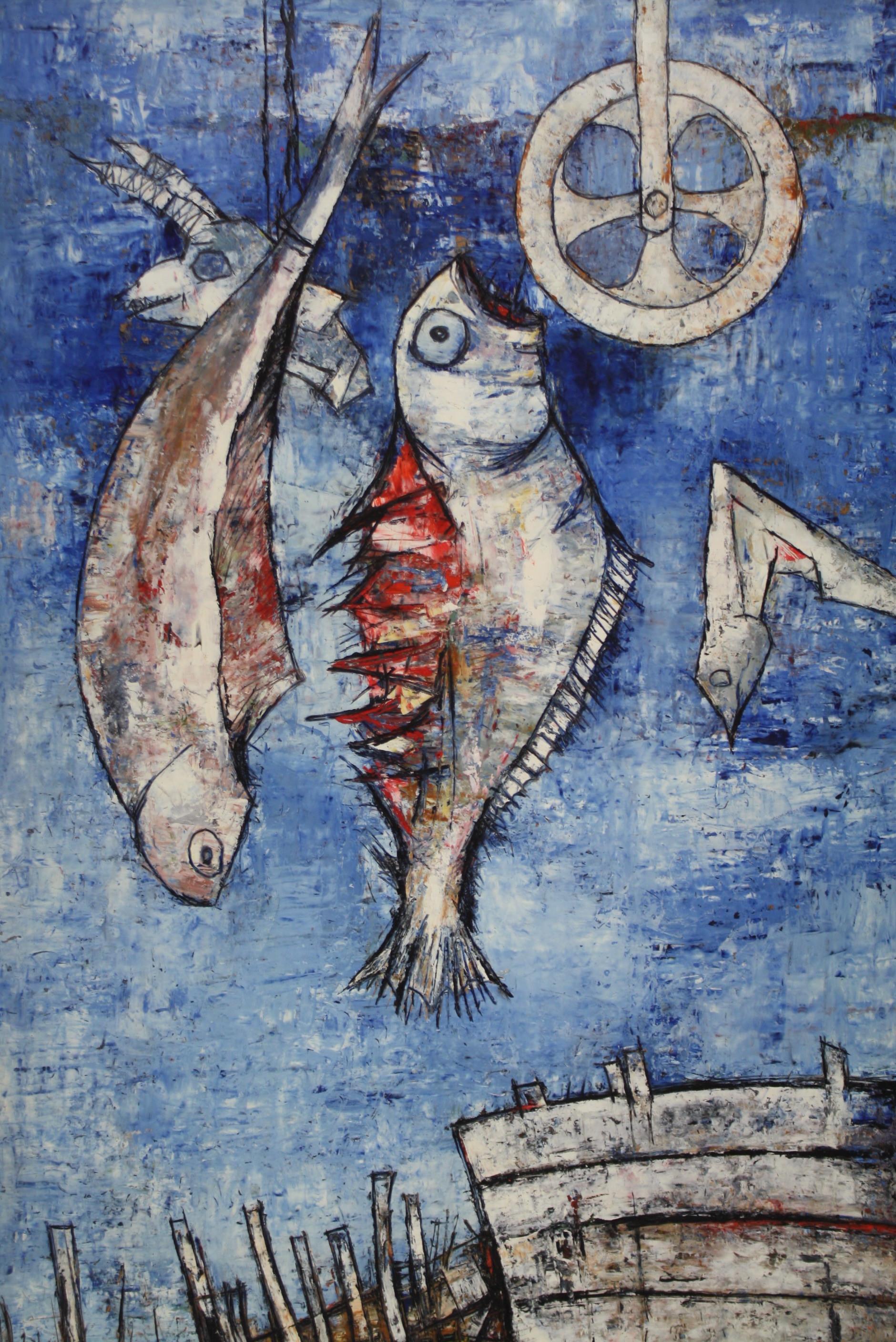 Blaue Vision des Tages-Gesicht eines zerstörten Schiffes auf dem Sand mit hängenden Fischen (Acryl) im Angebot