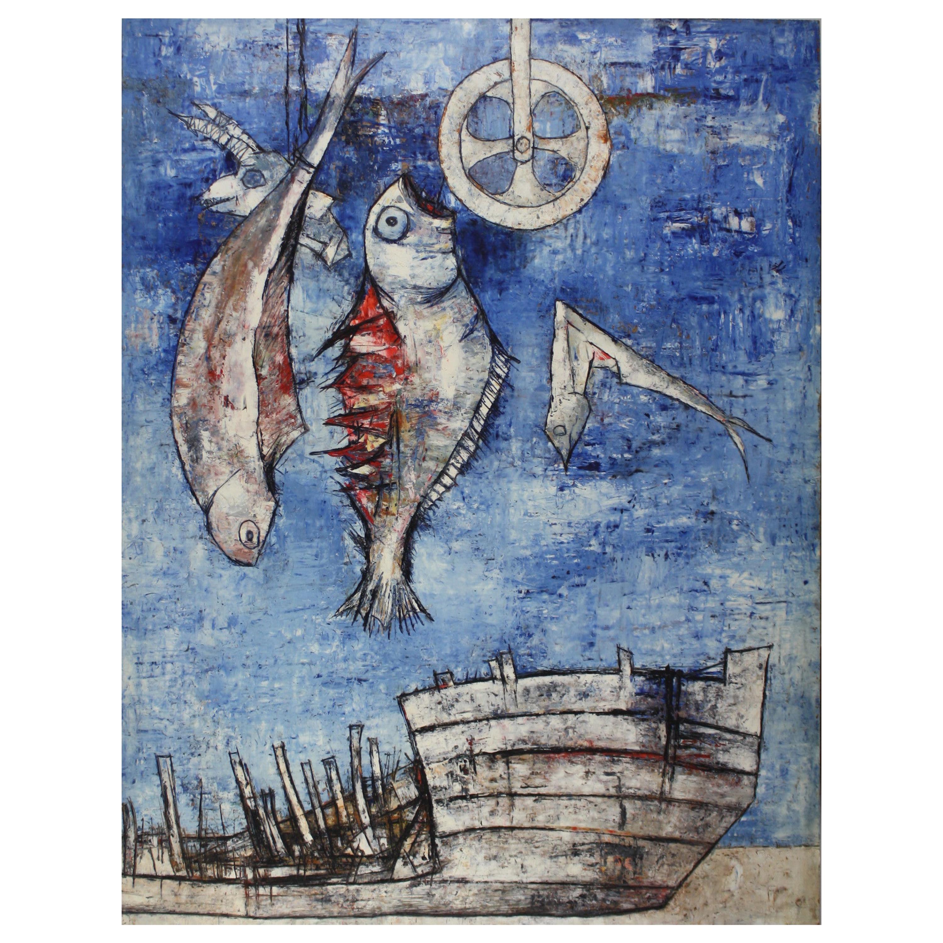 Catch of the Day Blue Vision of a Destroyed Ship on the Sand with Fishes Hanging For Sale
