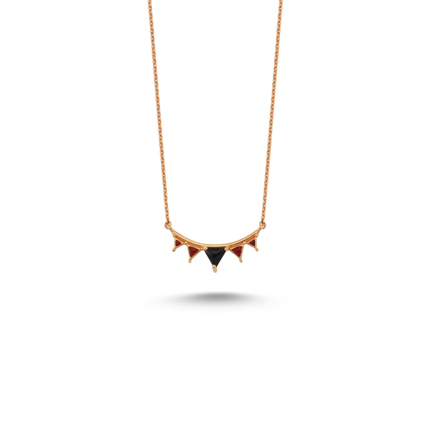 Catch you necklace with red enamel & onyx in 14k rose gold by Selda Jewellery

Additional Information:-
Collection: Dragon lady collection
14K Rose gold
Chain length 46cm