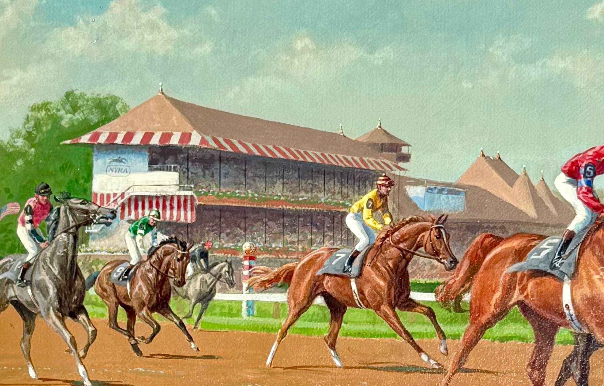 An rare original equine oil on board painting by Jeness Cortez signed and dated 1984. Entitled “Catching the Winner”, this equestrian scene illustrates the height or the race with the Saratoga Race Course grandstand in the background.  Measures 22