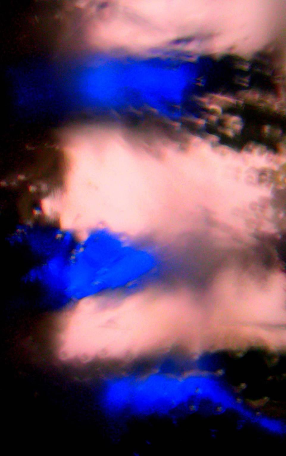 Cate Woodruff Color Photograph - “Blue Notes”,  photographs brilliant  blue reflections in pink sunset light