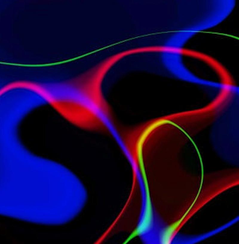 “Clown Music” swirls lines of blue, red, yellow and green on a black background - Photograph by Cate Woodruff