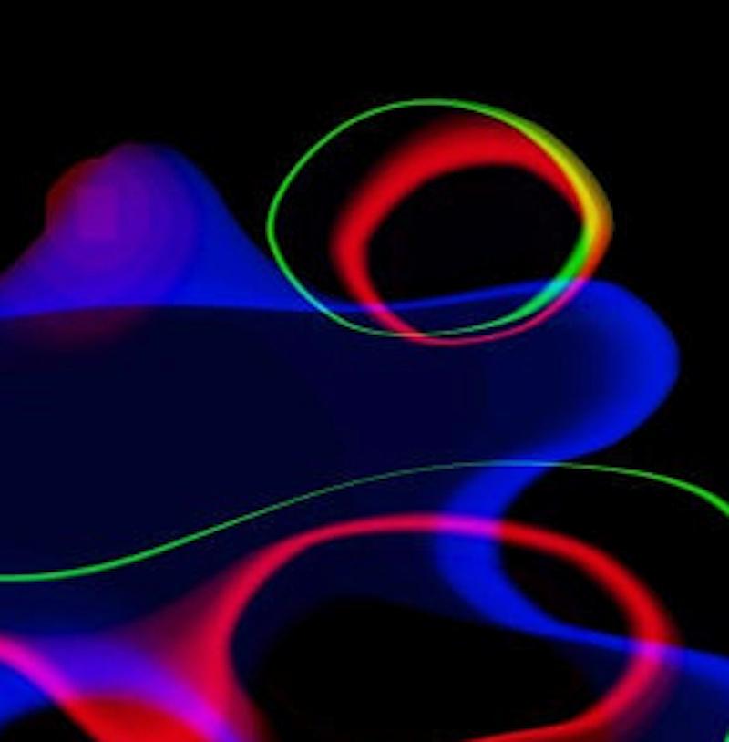 “Clown Music” swirls lines of blue, red, yellow and green on a black background - Abstract Photograph by Cate Woodruff