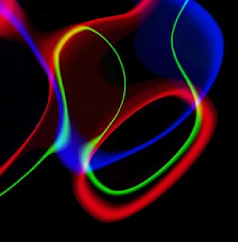 “Clown Music” swirls lines of blue, red, yellow and green on a black background - Black Abstract Photograph by Cate Woodruff