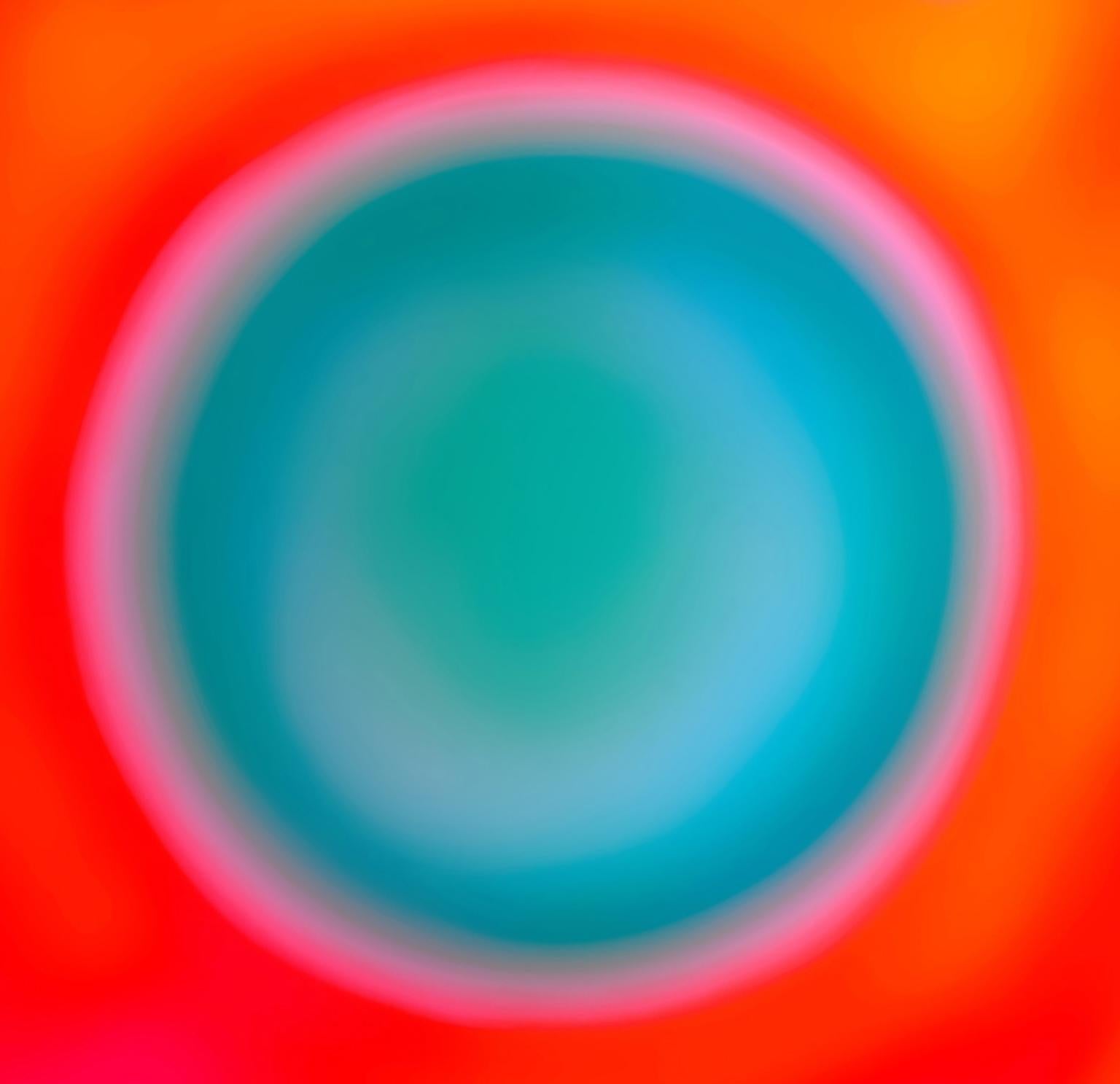 Cate Woodruff Color Photograph -  “Orb”, a pulsing turquoise circle surrounded by rings of pink and orange