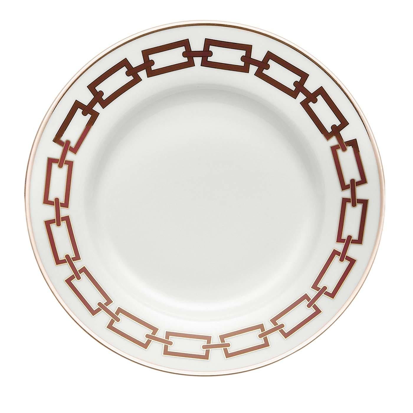 Ce superbe ensemble de six assiettes plates est élégant et moderne, avec un décor saisissant conçu par le maître emblématique Gio Ponti en 1926. Faisant partie de la collection Catene, qui signifie chaînes en italien, le décor présente une série de