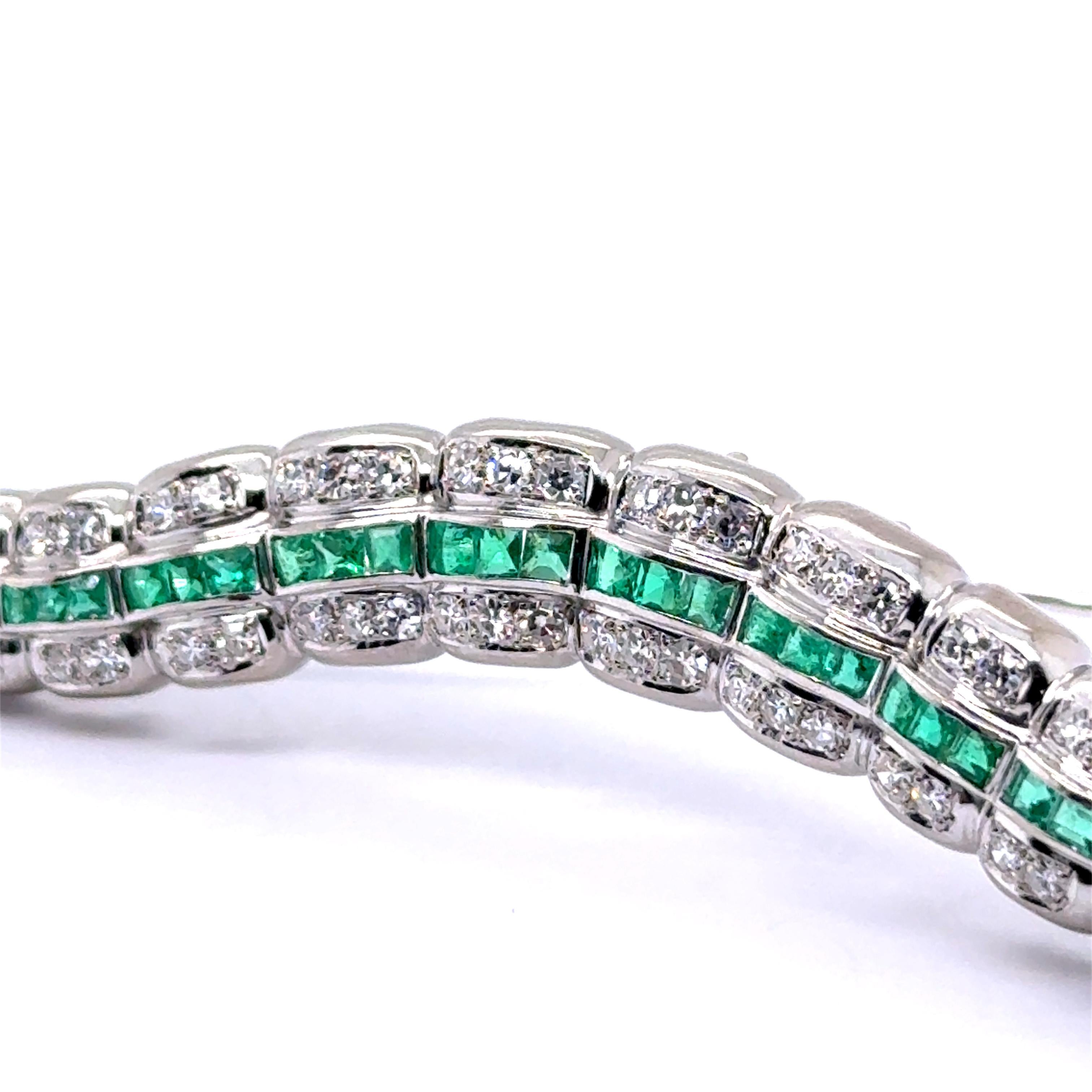 Square Cut Caterpillar Brooch with Emerald & Diamonds in 18 Karat White Gold For Sale