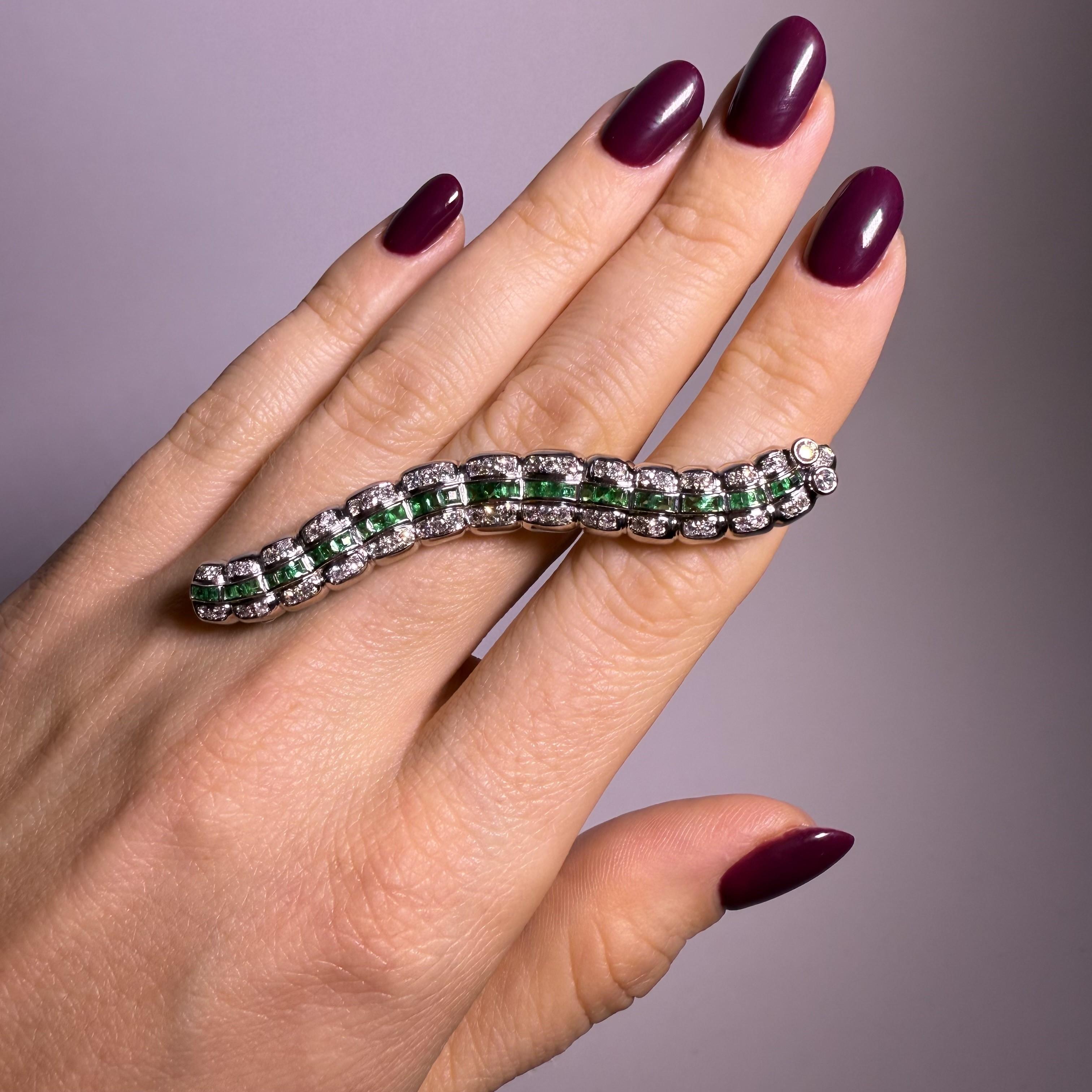 Women's or Men's Caterpillar Brooch with Emerald & Diamonds in 18 Karat White Gold For Sale