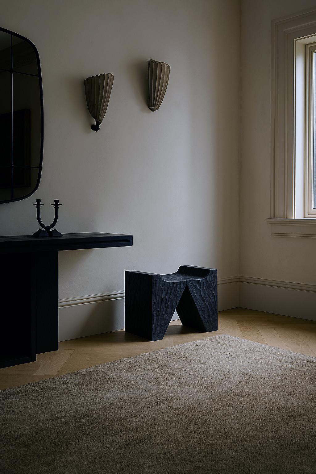 Carved Cathedra Seat, sculpted black cast stone stool by Alentes Atelier For Sale