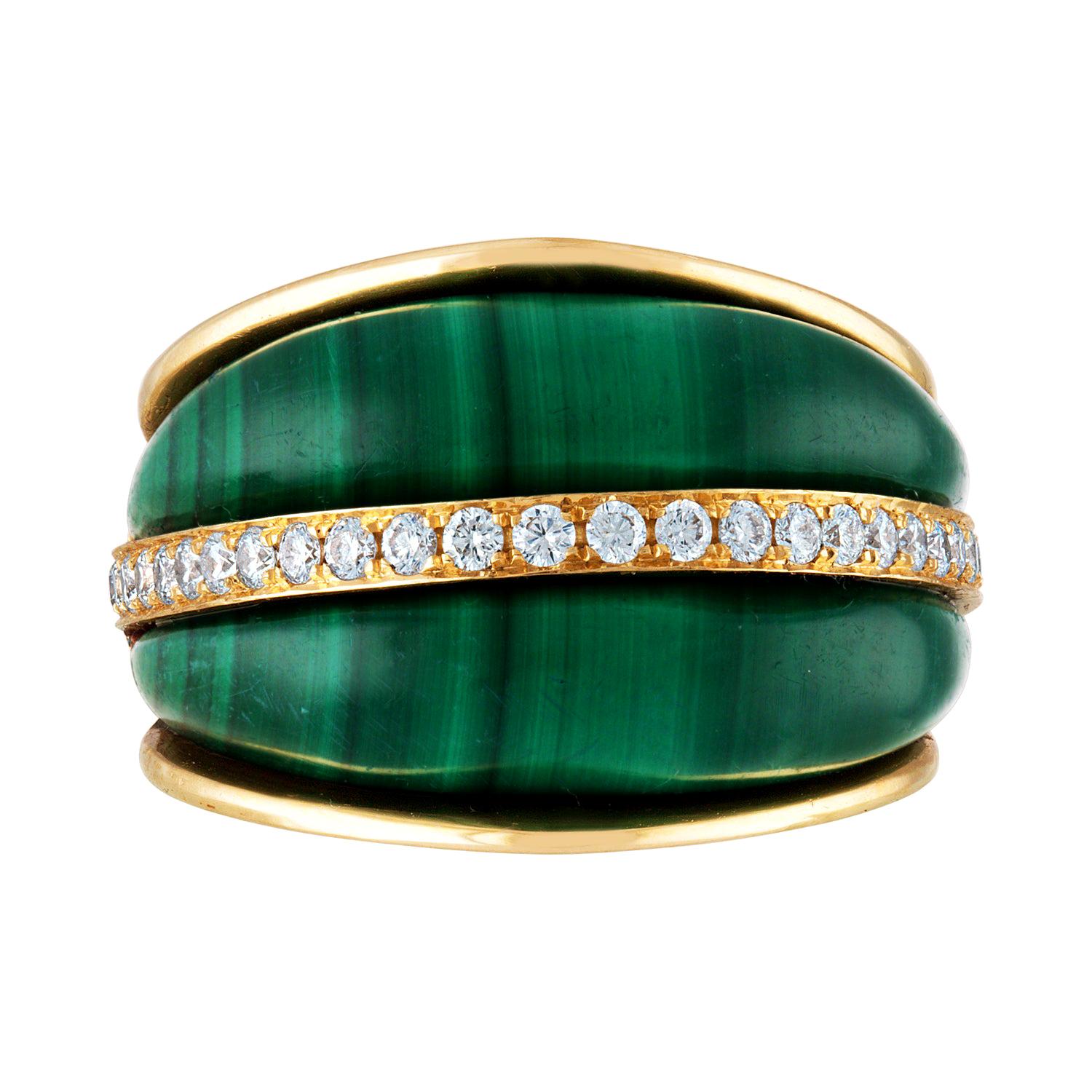 Cathedral Arch Dome Diamond and Malachite Gold Statement Ring For Sale