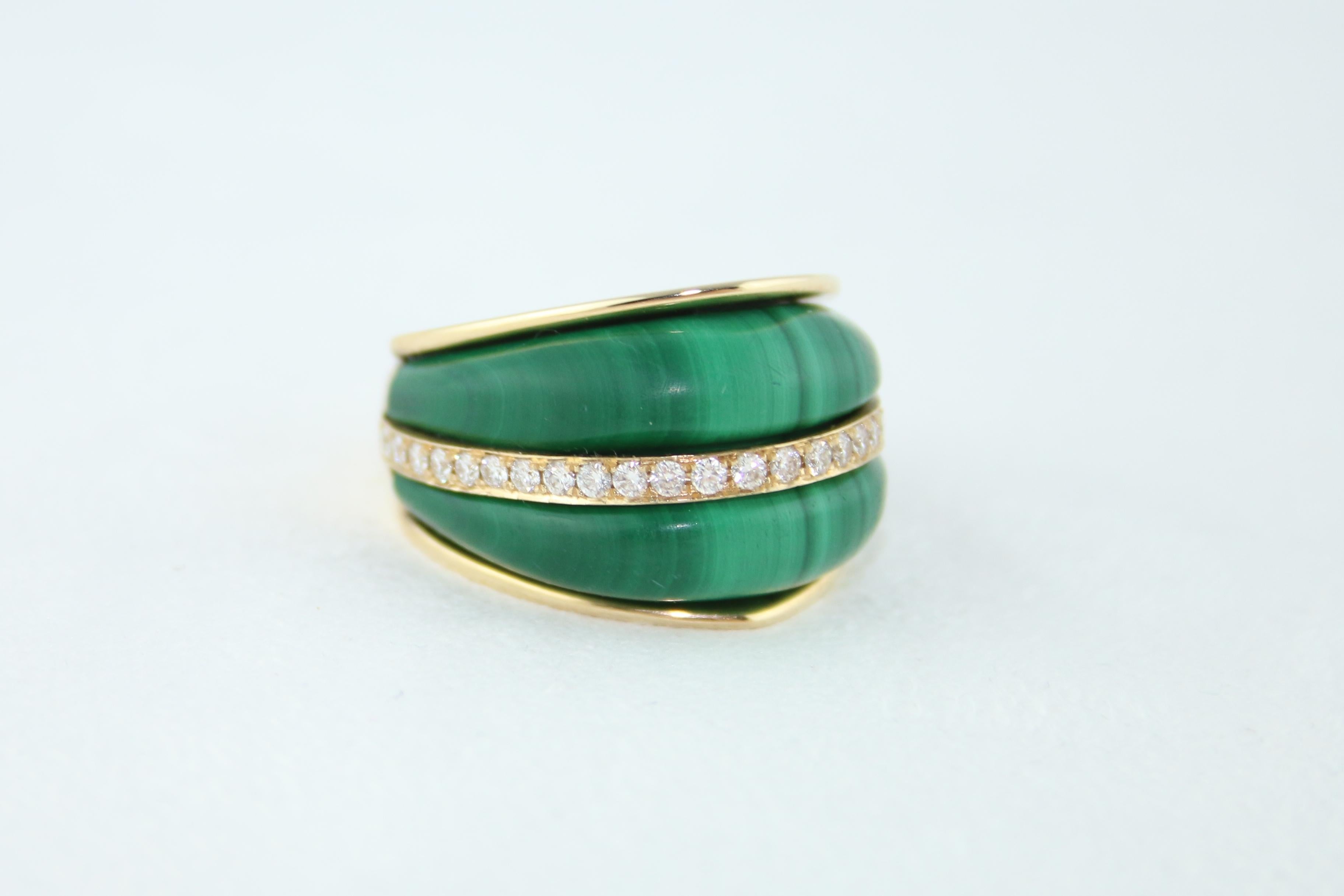 Modernist Cathedral Arch Dome Diamond and Malachite Gold Statement Ring For Sale