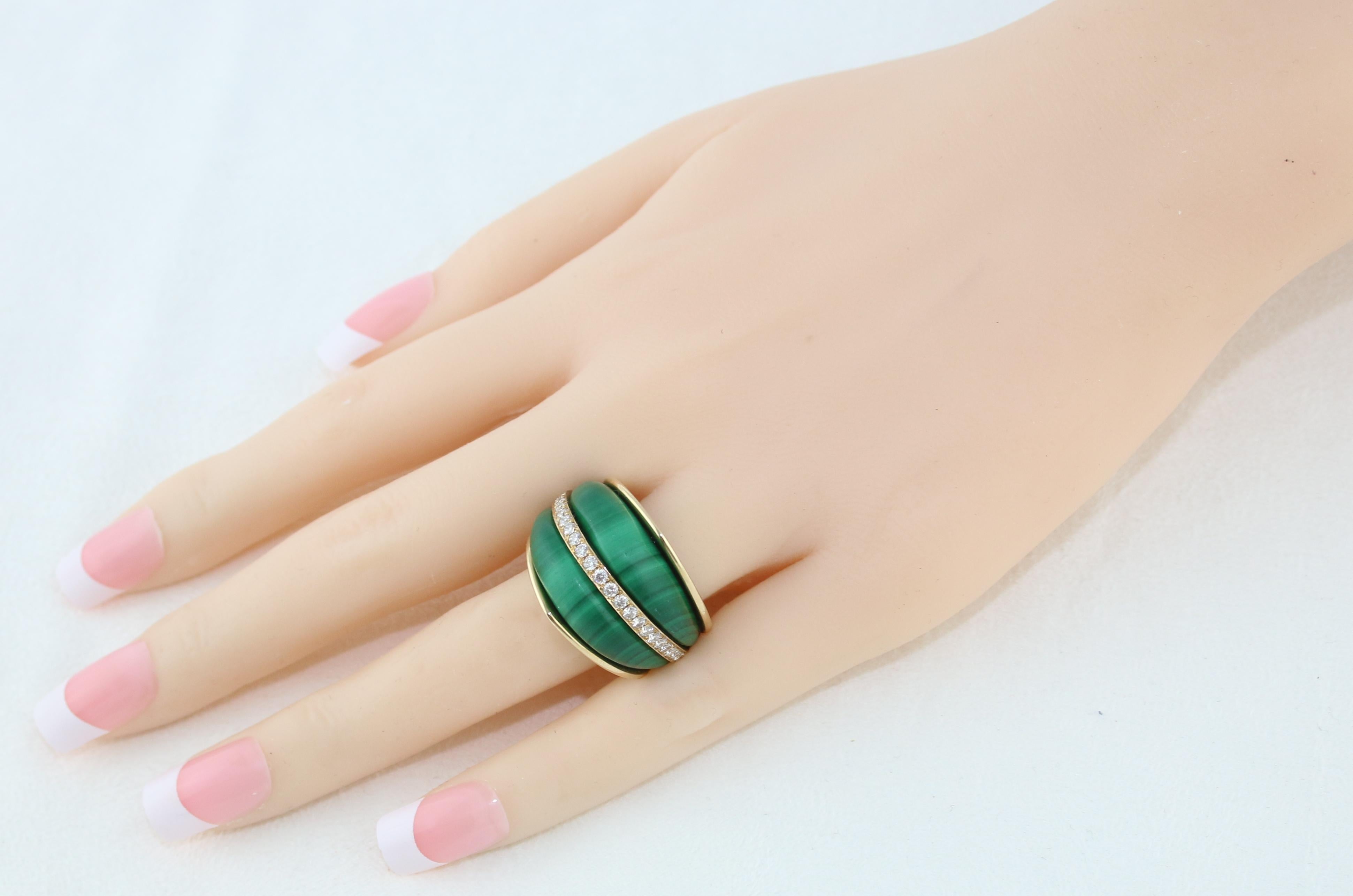 Cathedral Arch Dome Diamond and Malachite Gold Statement Ring For Sale 2