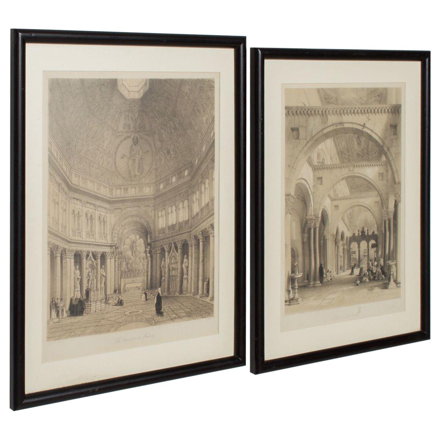 1980s Cathedral Art Italian Architectural Scene Lithograph Pair