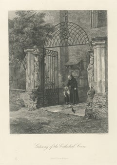 Cathedral Gateway, Chur, Antique Steel Engraving after S. Hodson, circa 1876
