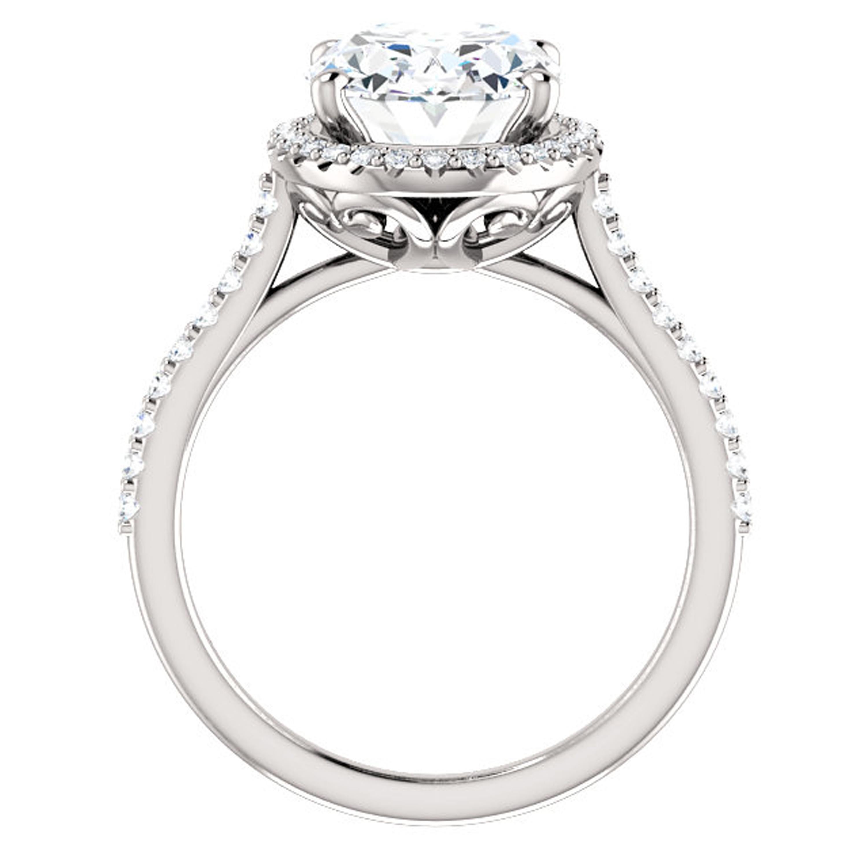 Luxurious and beautiful, this unique engagement ring showcases a cathedral setting with rising arches that reach the center stone. Lustrous shared prong white diamonds dance along the shank and surround the halo; amplifying the Forever One Charles &