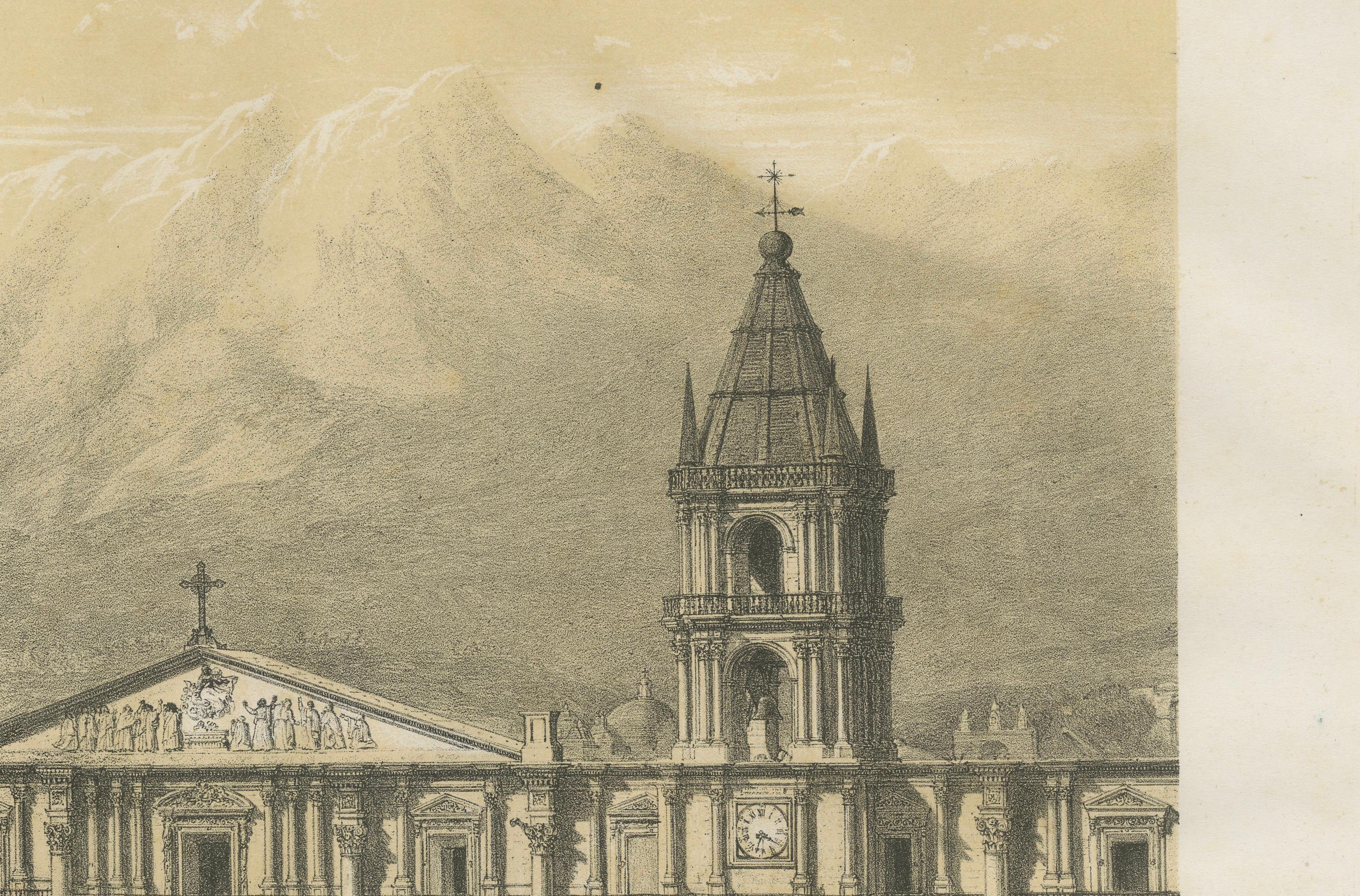 Antique lithograph of the Cathedral of Arequipa, Peru – 1865

This striking lithograph shows the Cathedral of Arequipa, one of the finest examples of Peruvian neoclassical architecture, with the imposing Misti volcano rising dramatically in the