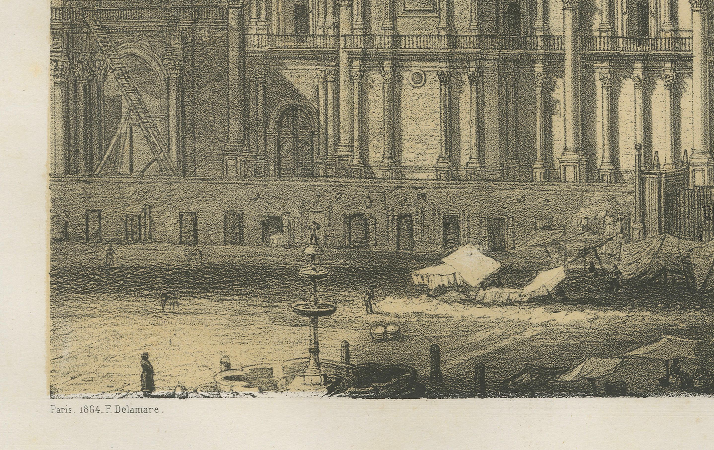 French Cathedral of Arequipa Peru – Antique Architectural Lithograph c.1865 For Sale