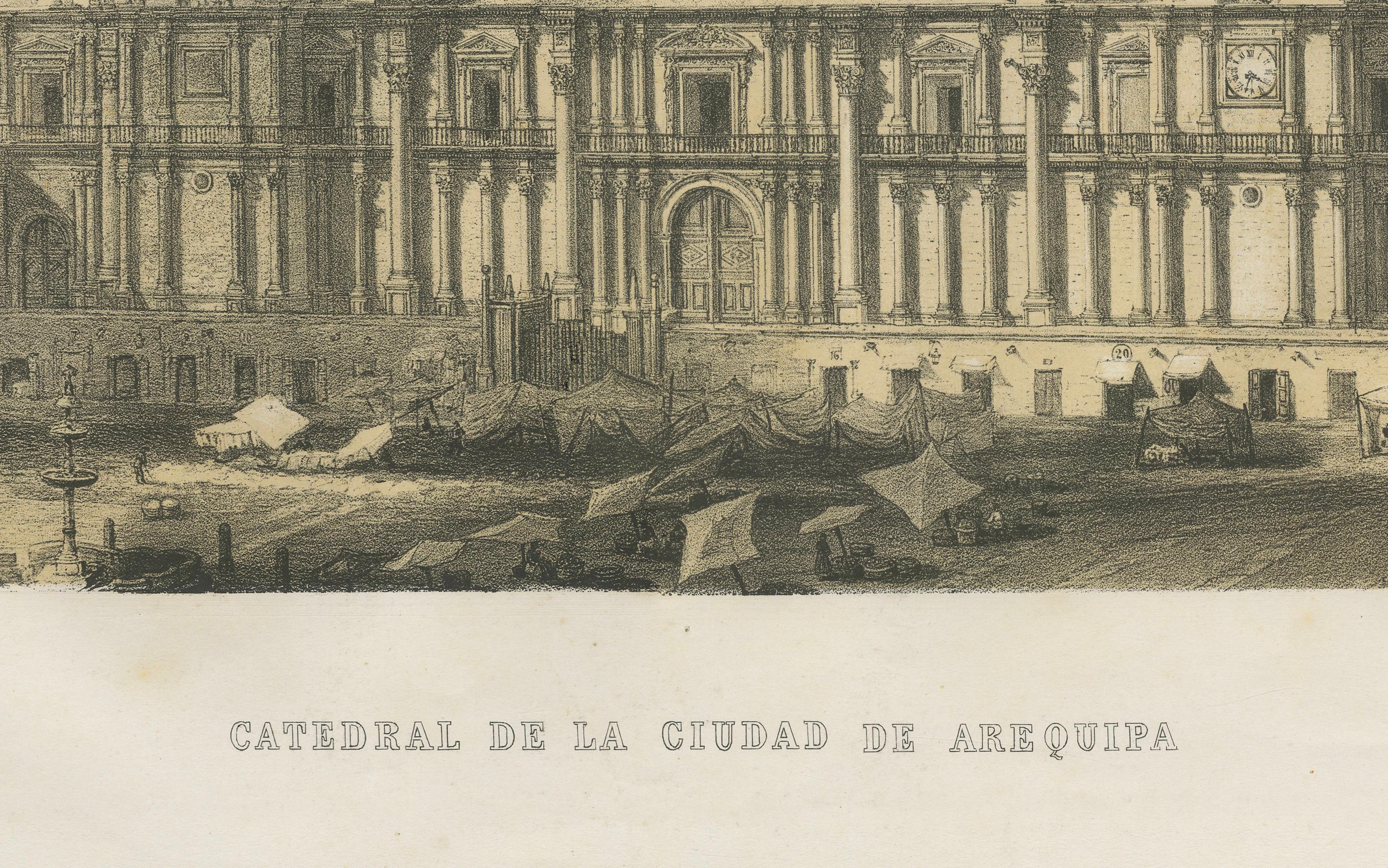 Mid-19th Century Cathedral of Arequipa Peru – Antique Architectural Lithograph c.1865 For Sale