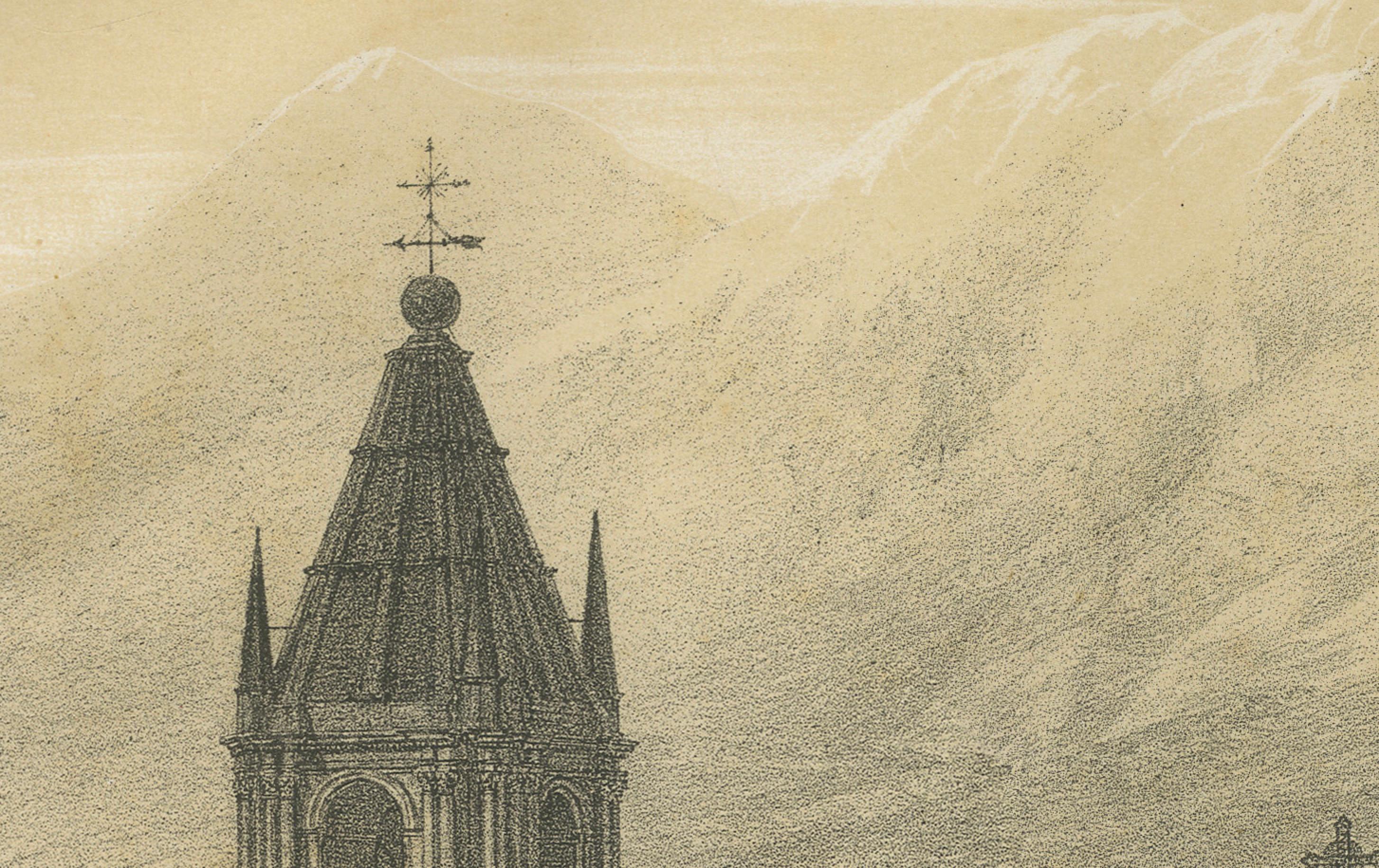 Paper Cathedral of Arequipa Peru – Antique Architectural Lithograph c.1865 For Sale