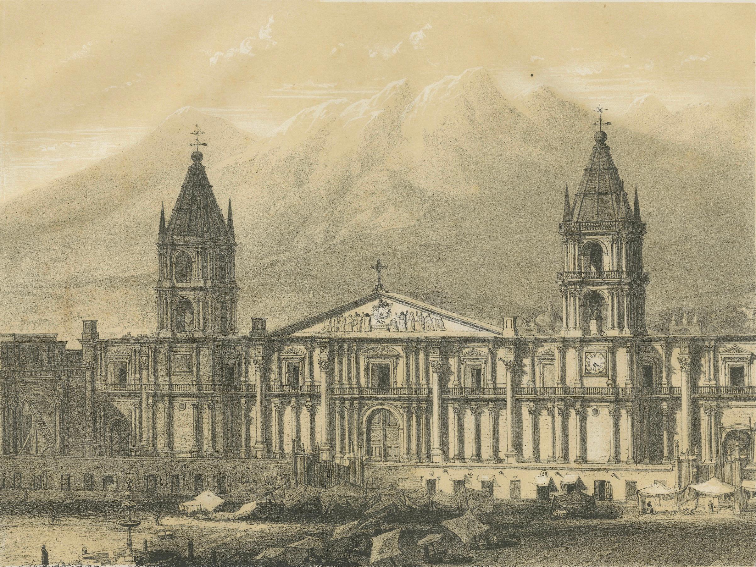 Cathedral of Arequipa Peru – Antique Architectural Lithograph c.1865 For Sale 2