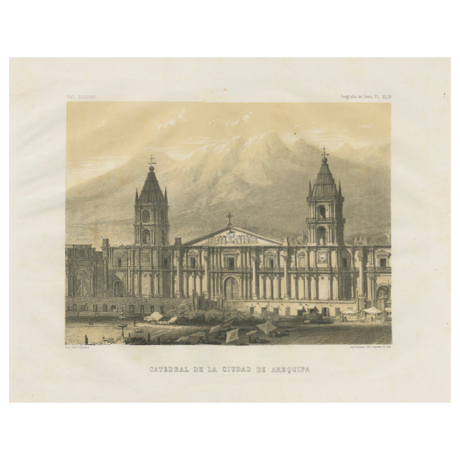 Cathedral of Arequipa Peru – Antique Architectural Lithograph c.1865