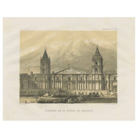 Cathedral of Arequipa Peru – Antique Architectural Lithograph c.1865
