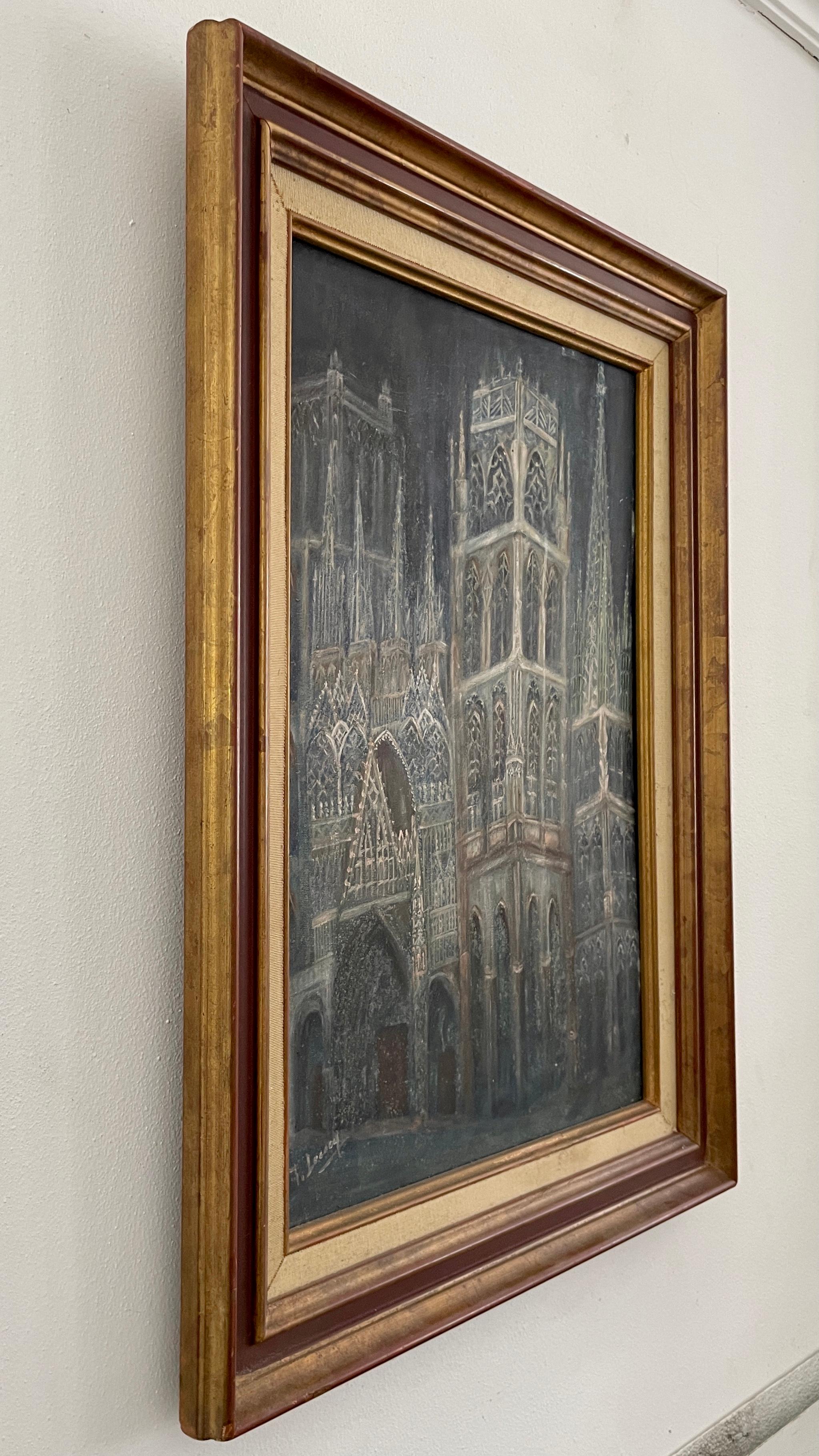 Painting of a Cathedral by French artist F. Lecocq, circa 1976. This piece is signed on art and behind. Original frame.