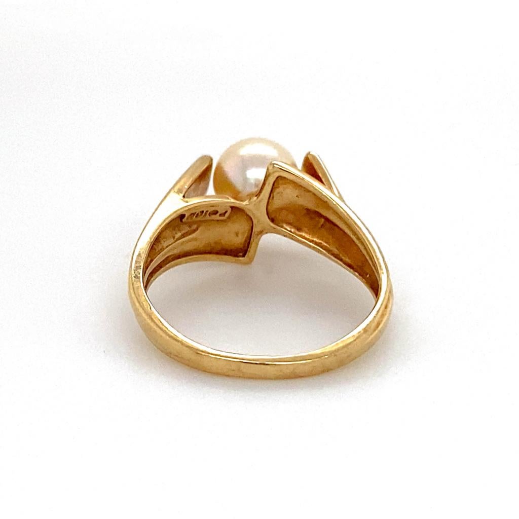 Women's Cathedral Pearl Bypass Solitaire Ring, 10K Yellow Gold, Vintage Ring Circa 1960