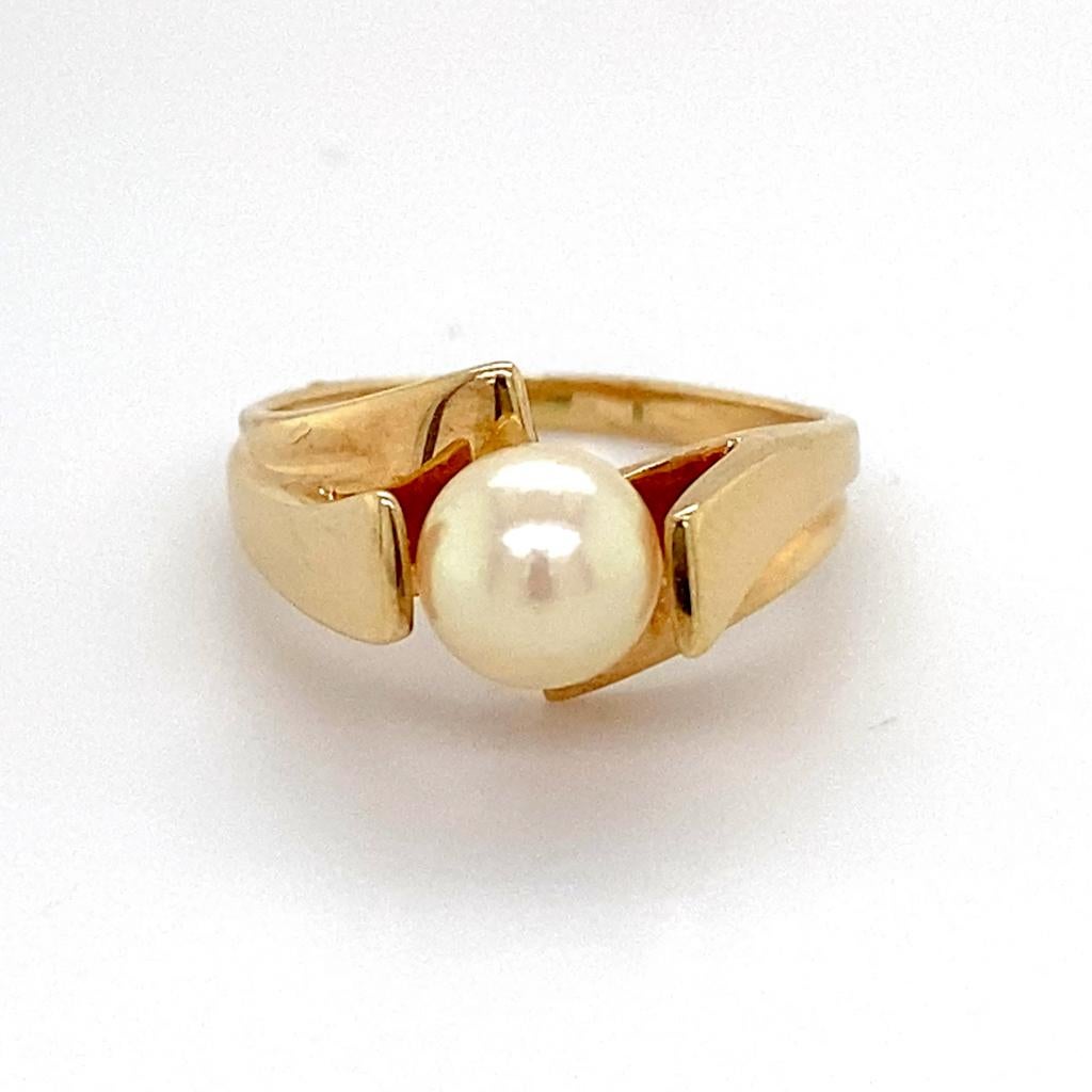 Cathedral Pearl Bypass Solitaire Ring, 10K Yellow Gold, Vintage Ring Circa 1960 2