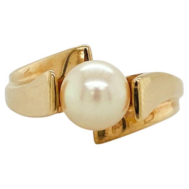 Cathedral Pearl Bypass Solitaire Ring, 10K Yellow Gold, Vintage Ring Circa 1960