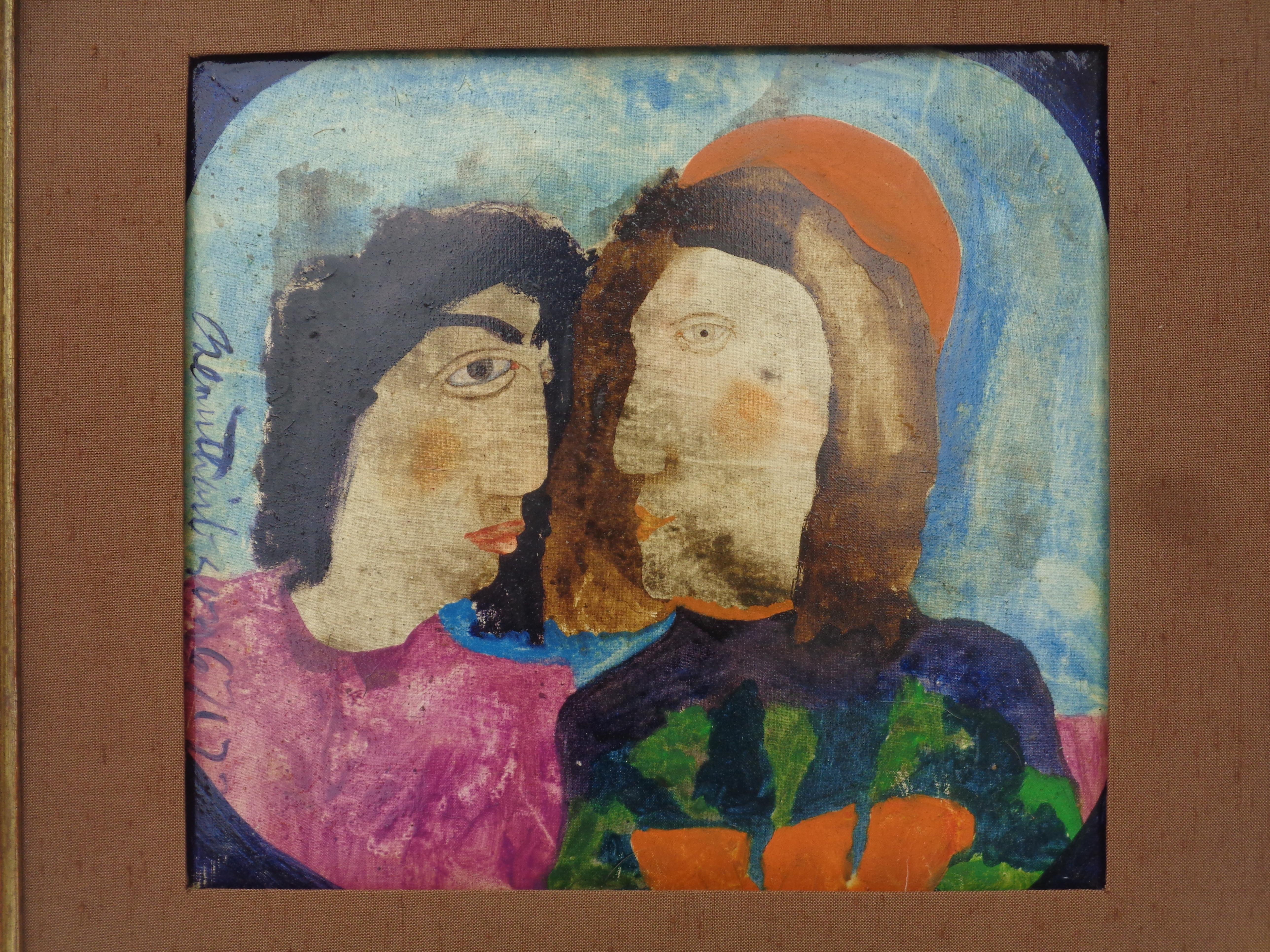 Colorful figural abstract oil painting on canvas reminiscent of the unusual  human-animal forms seen in the works of Hieronymous Bosch by Catherine Senitt-Harbison ( American-Canadian - b. Rochester NY 1945 ) Her paintings are in the permanent
