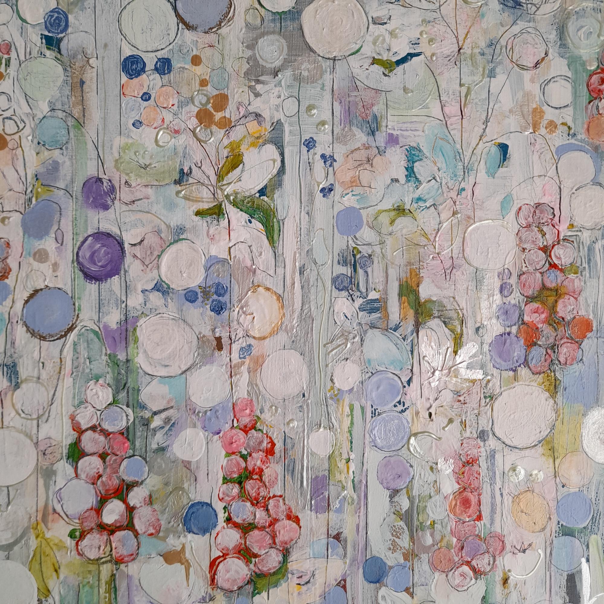 White Flower Garden - Gray Abstract Painting by Catherin Ruth Church