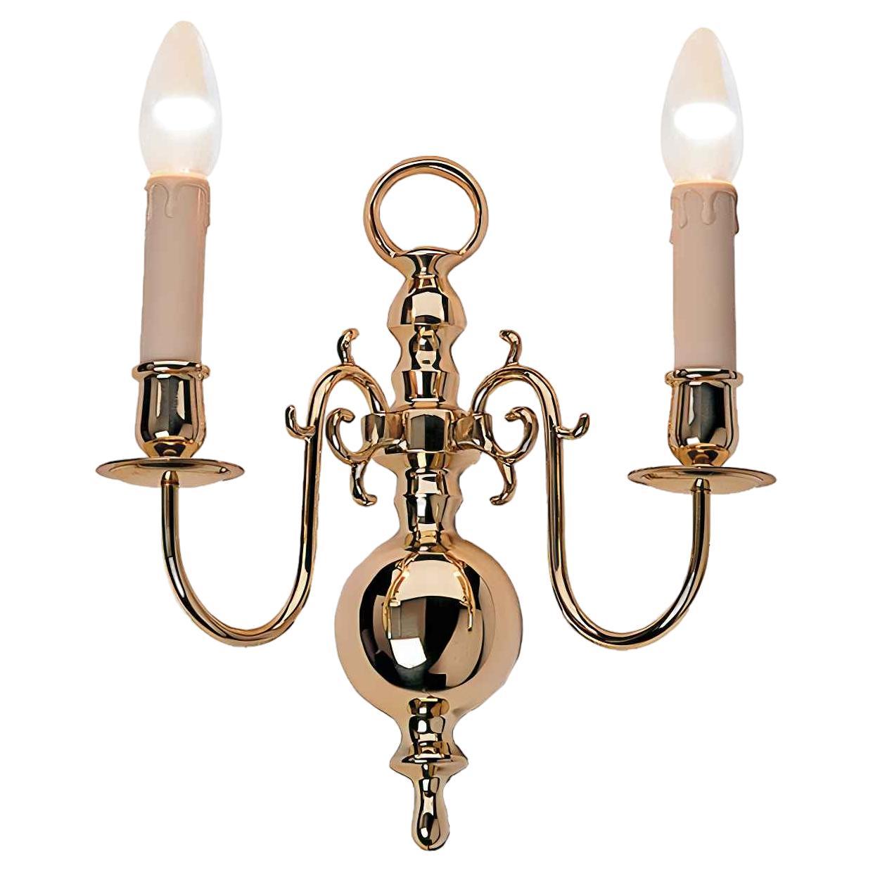 19th Century Electric Model Dutch Brass Wall Chandelier with 2 Lights H31xW28 For Sale