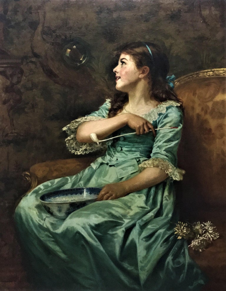 Catherine Amyot Interior Painting - "Blowing Bubbles”, portrait of a wealthy Victorian girl, interior oil on canvas