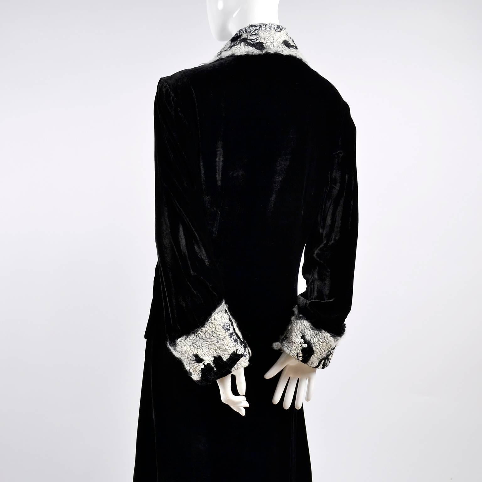 Catherine Bacon Vintage Evening Coat in Black Velvet White Mohair Wool & Sequins For Sale 3